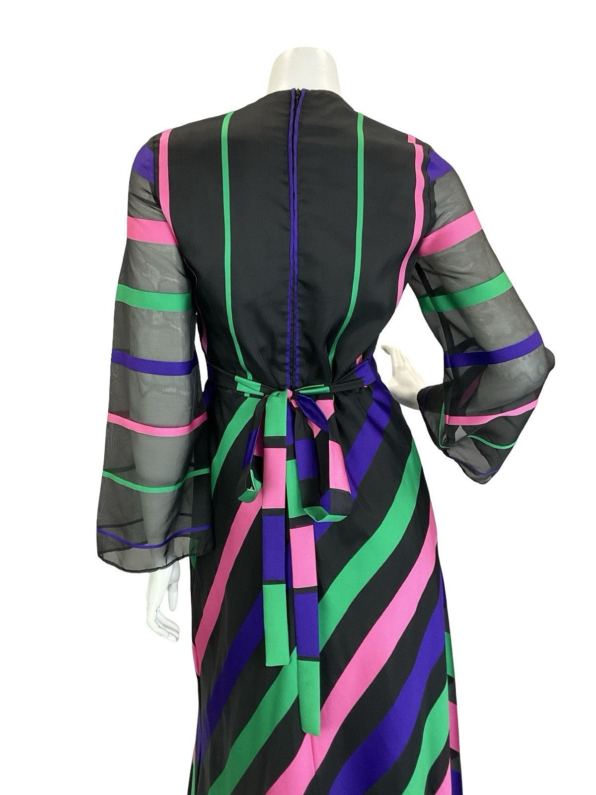 VTG 60S 70S VERA MONT BLACK GREEN PINK PURPLE STRIPED WIDE SLEEVE MAXI DRESS 10