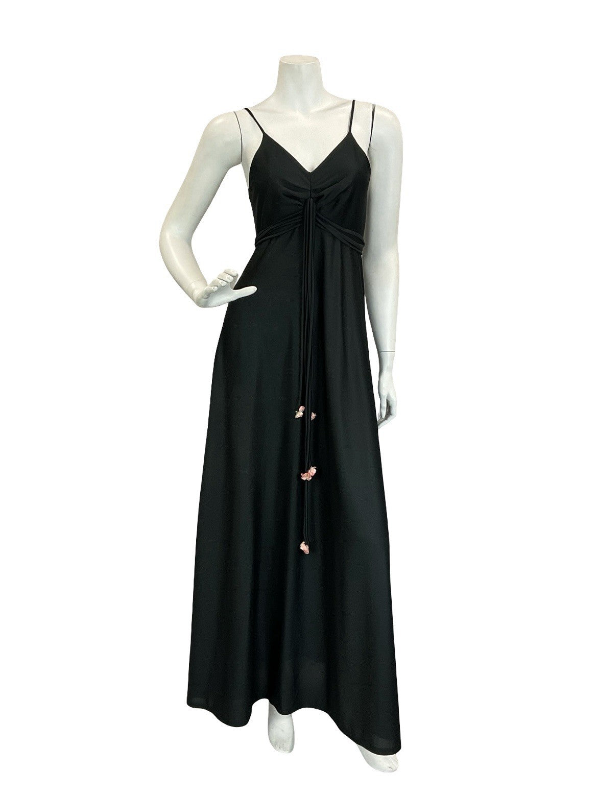 VTG 60S 70S BLACK PINK EMPIRE STRAPPY FLOWER BOHO MAXI DRESS 4 6