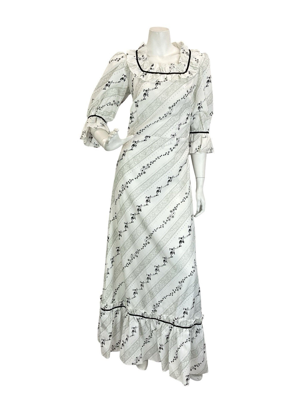 VTG 60S 70S BLACK WHITE GREY FLORAL STRIPE RUFFLE PRAIRIE COTTAGE MAXI DRESS 8