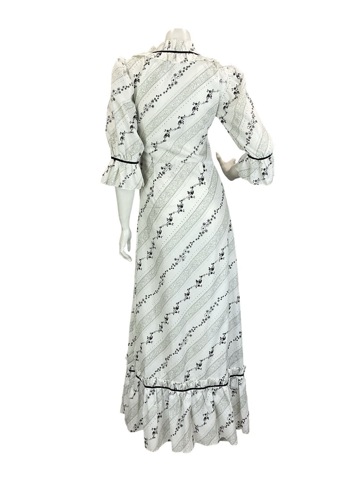 VTG 60S 70S BLACK WHITE GREY FLORAL STRIPE RUFFLE PRAIRIE COTTAGE MAXI DRESS 8