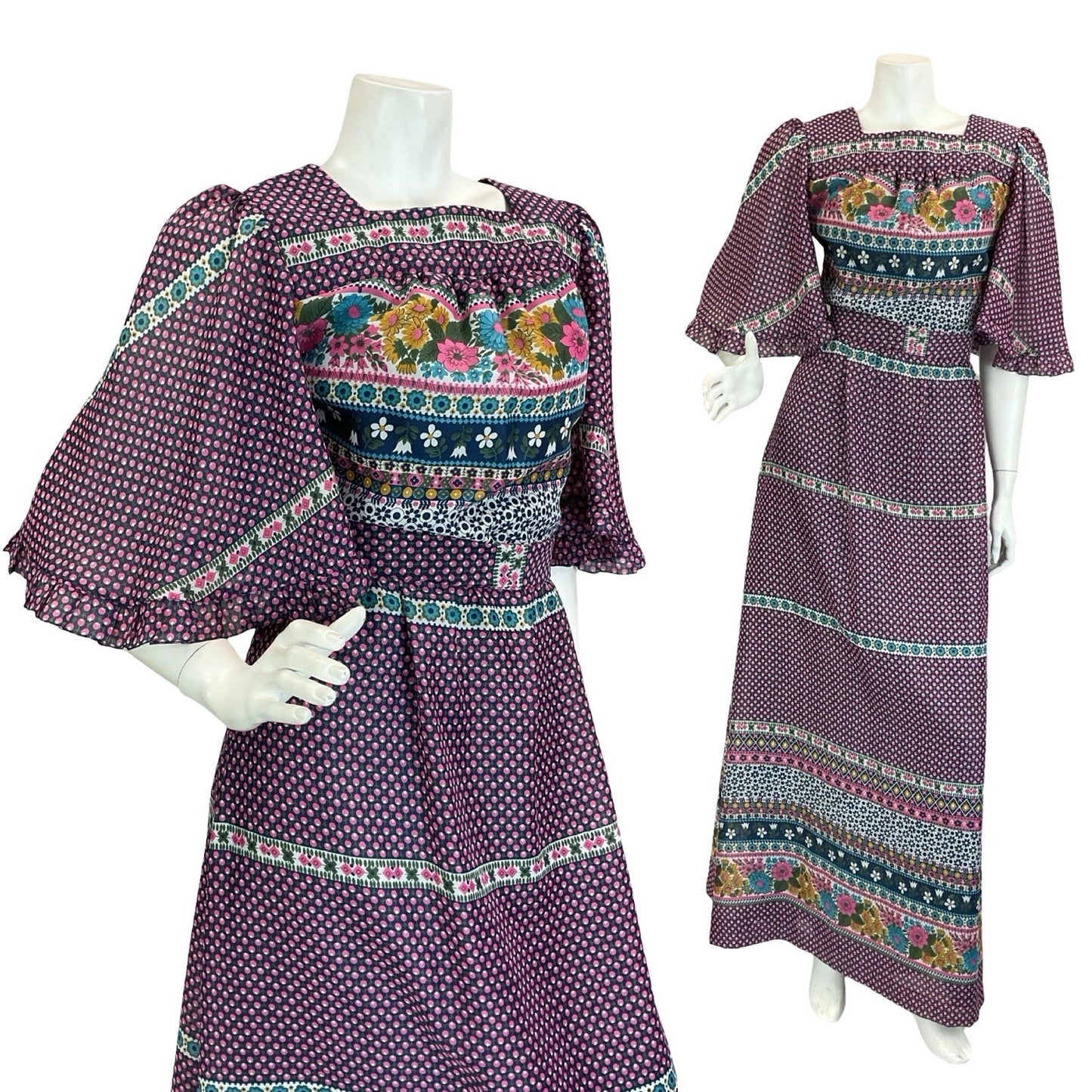 VTG 70S BLUE PINK WHITE GREEN FLORAL FOLK BOHO BUTTERFLY SLEEVE MAXI DRESS 8