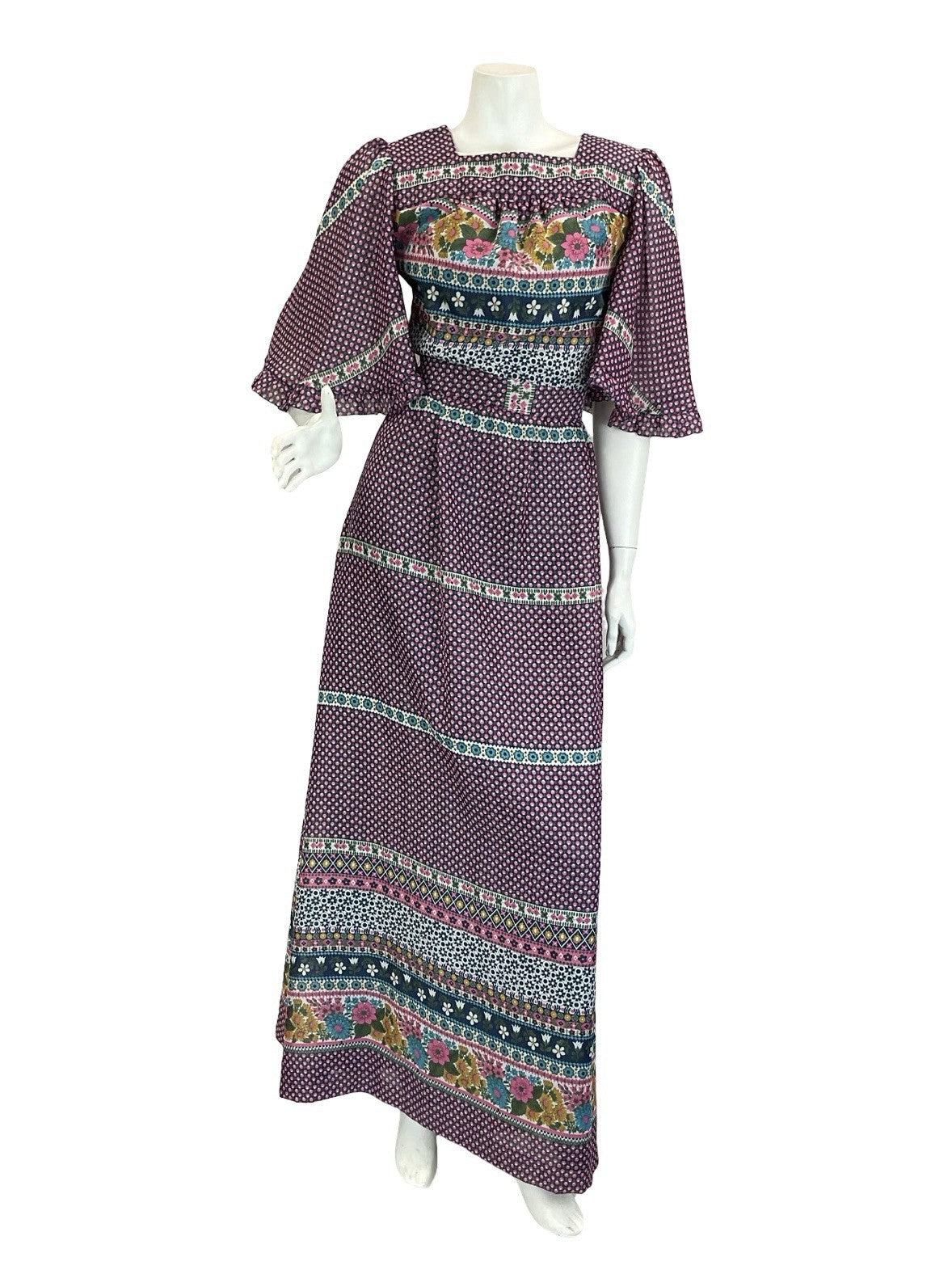 VTG 70S BLUE PINK WHITE GREEN FLORAL FOLK BOHO BUTTERFLY SLEEVE MAXI DRESS 8