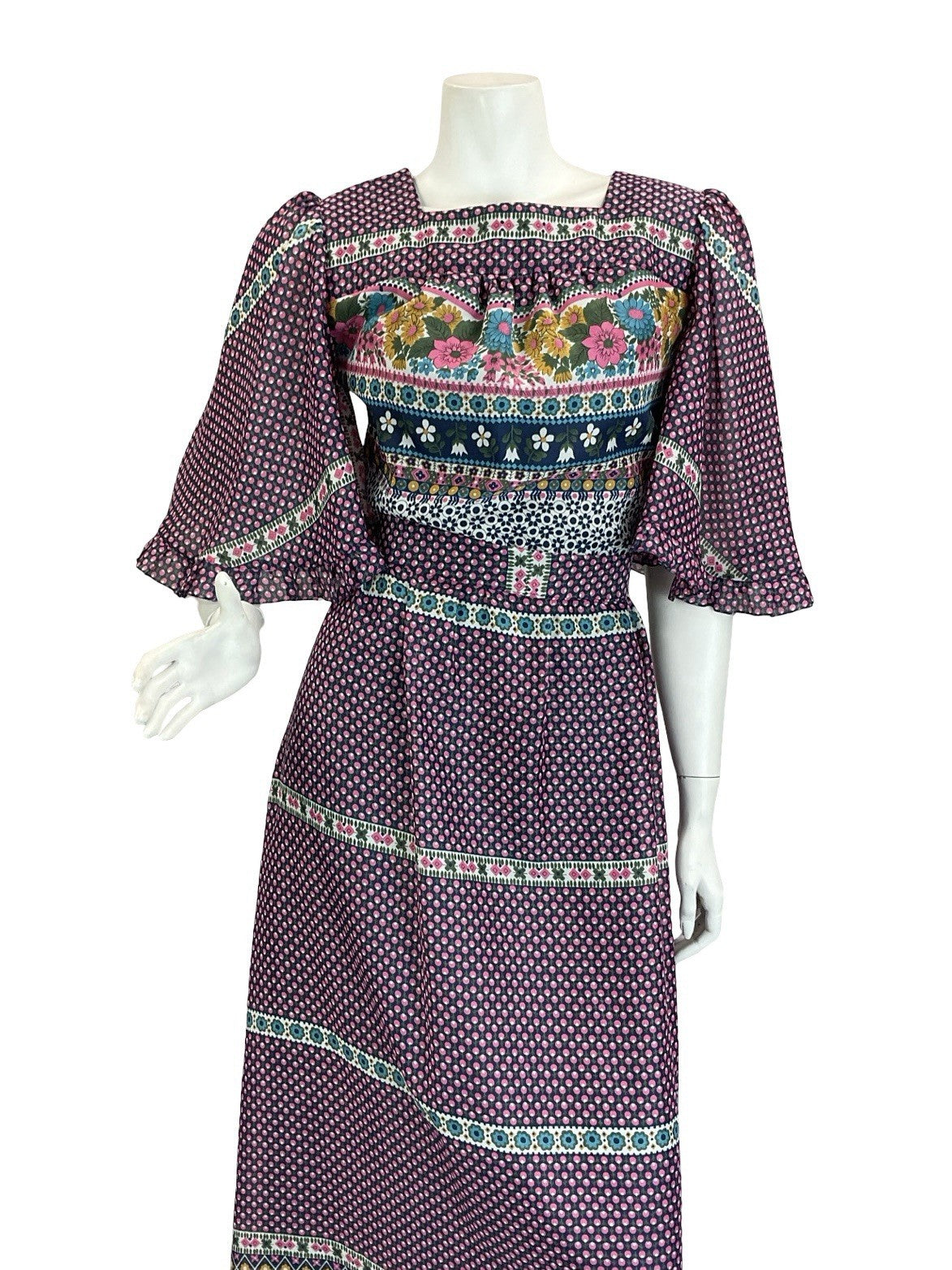 VTG 70S BLUE PINK WHITE GREEN FLORAL FOLK BOHO BUTTERFLY SLEEVE MAXI DRESS 8
