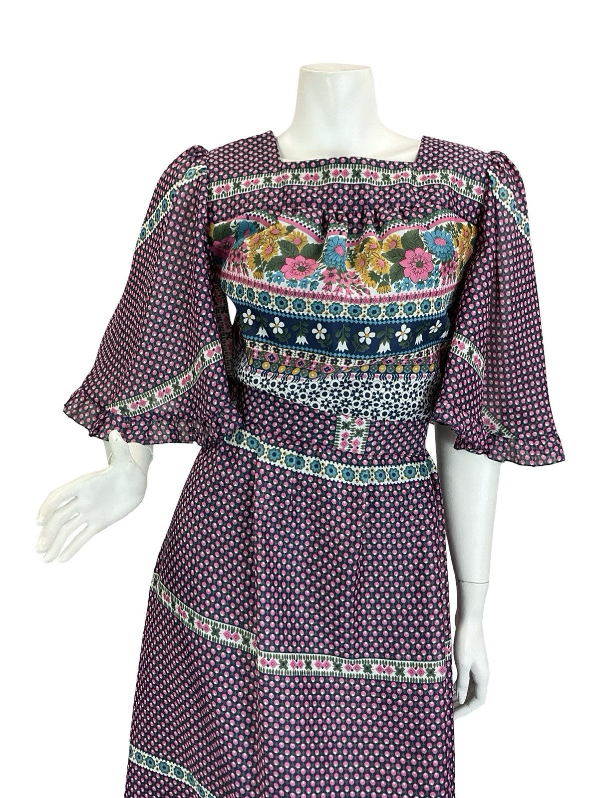 VTG 70S BLUE PINK WHITE GREEN FLORAL FOLK BOHO BUTTERFLY SLEEVE MAXI DRESS 8