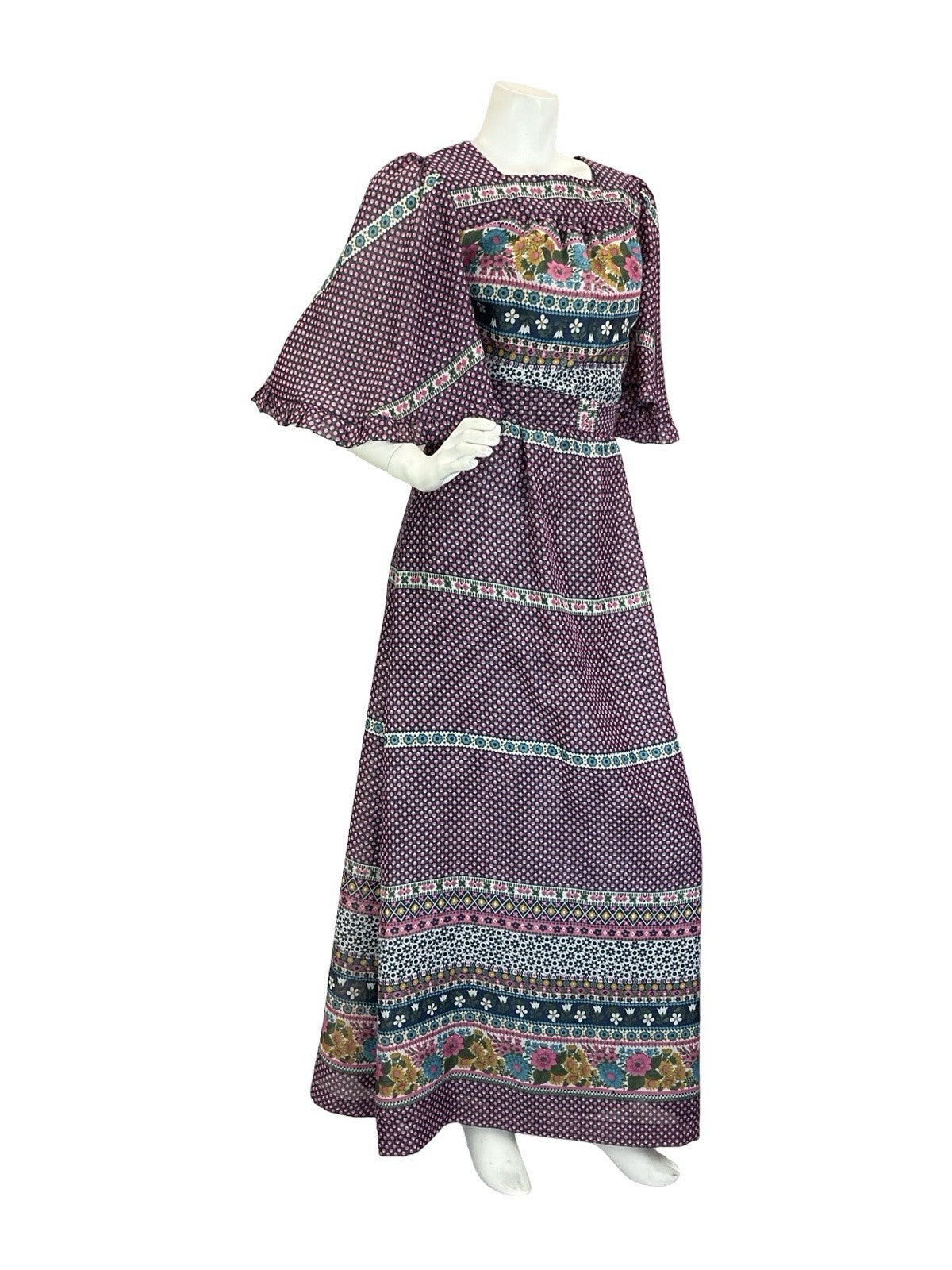 VTG 70S BLUE PINK WHITE GREEN FLORAL FOLK BOHO BUTTERFLY SLEEVE MAXI DRESS 8