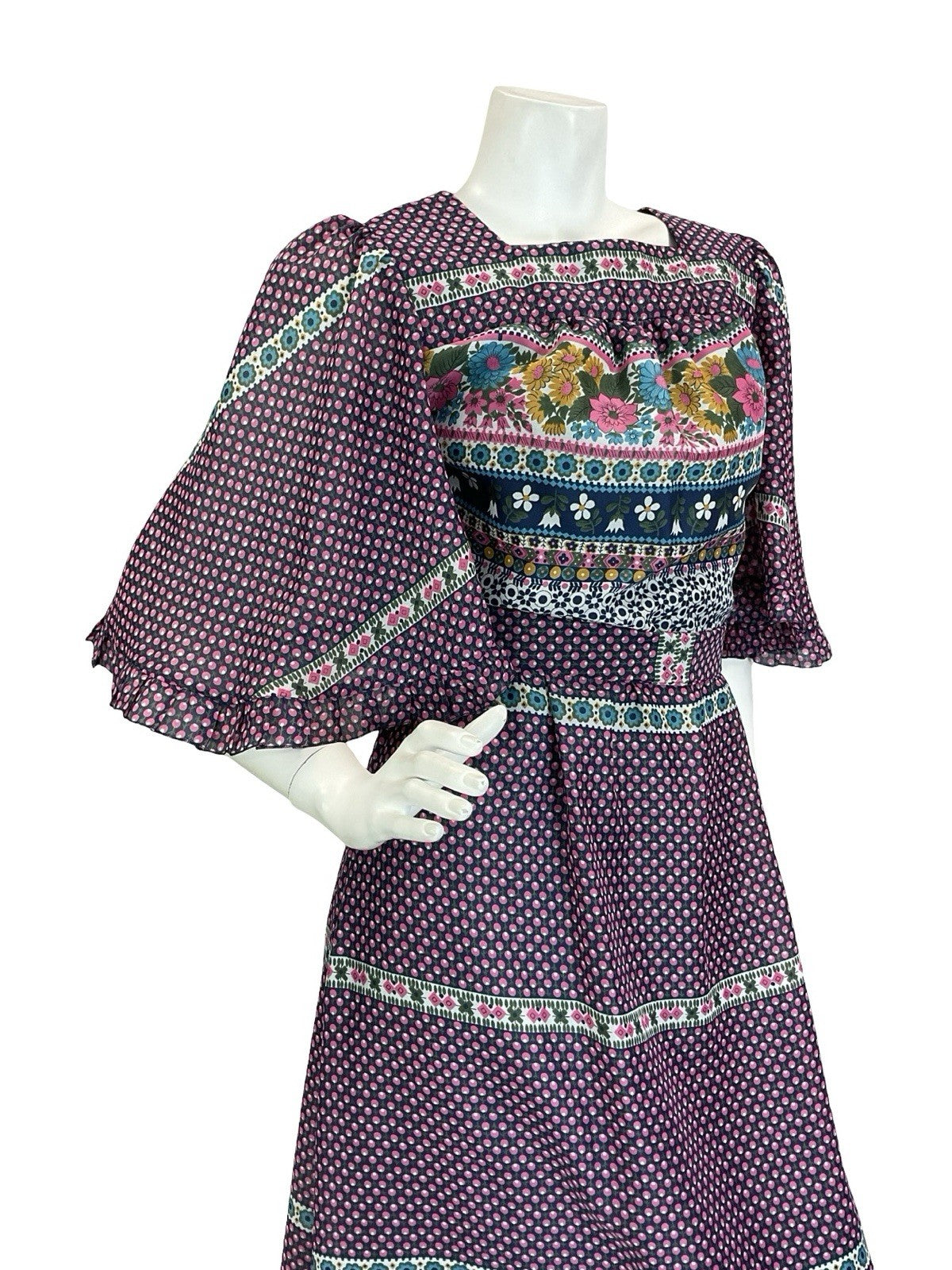 VTG 70S BLUE PINK WHITE GREEN FLORAL FOLK BOHO BUTTERFLY SLEEVE MAXI DRESS 8
