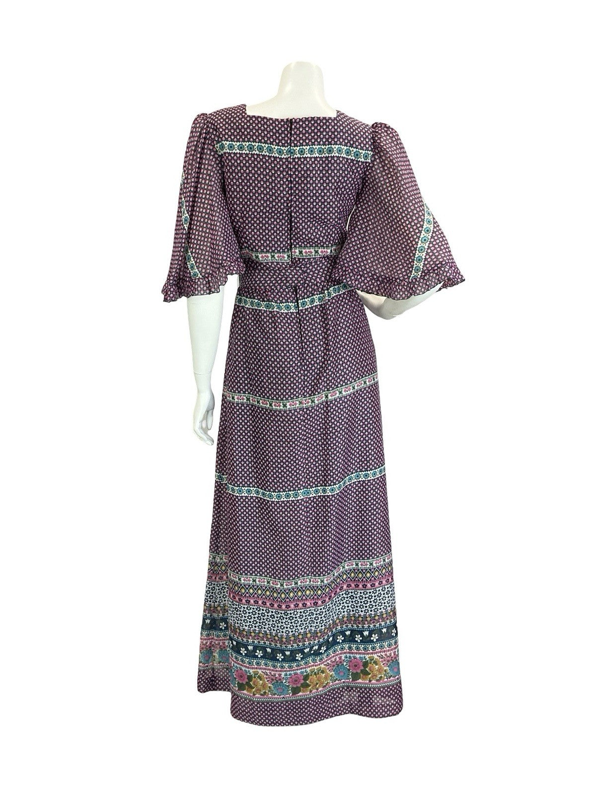 VTG 70S BLUE PINK WHITE GREEN FLORAL FOLK BOHO BUTTERFLY SLEEVE MAXI DRESS 8