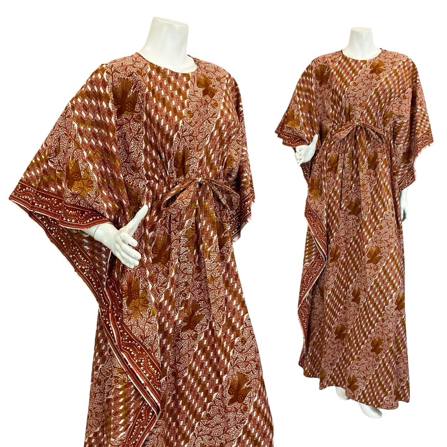 VTG 60S 70S BROWN WHITE TILED BIRD TREE BOHO TIE WAIST KAFTAN DRESS 6 8 10