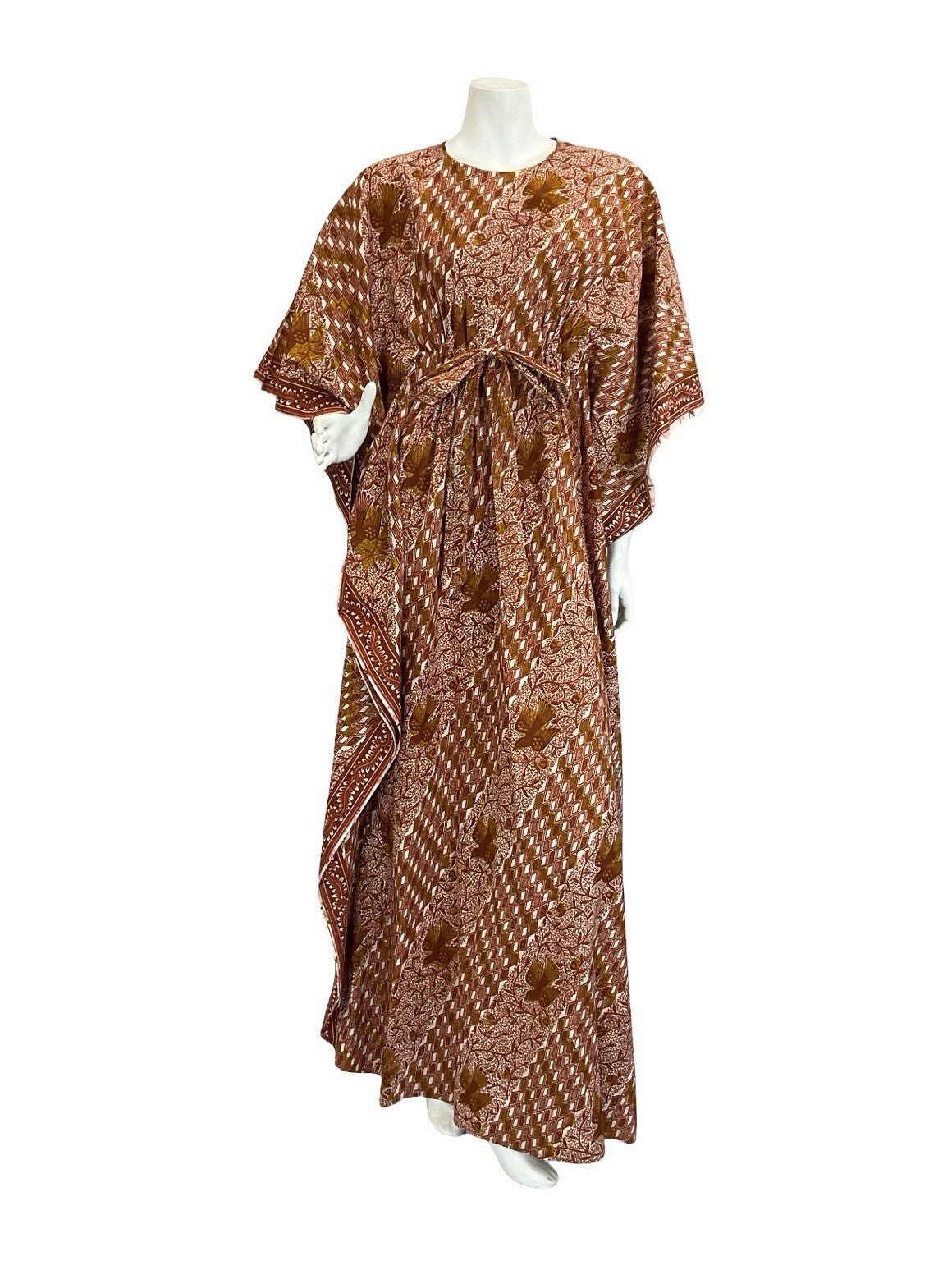 VTG 60S 70S BROWN WHITE TILED BIRD TREE BOHO TIE WAIST KAFTAN DRESS 6 8 10