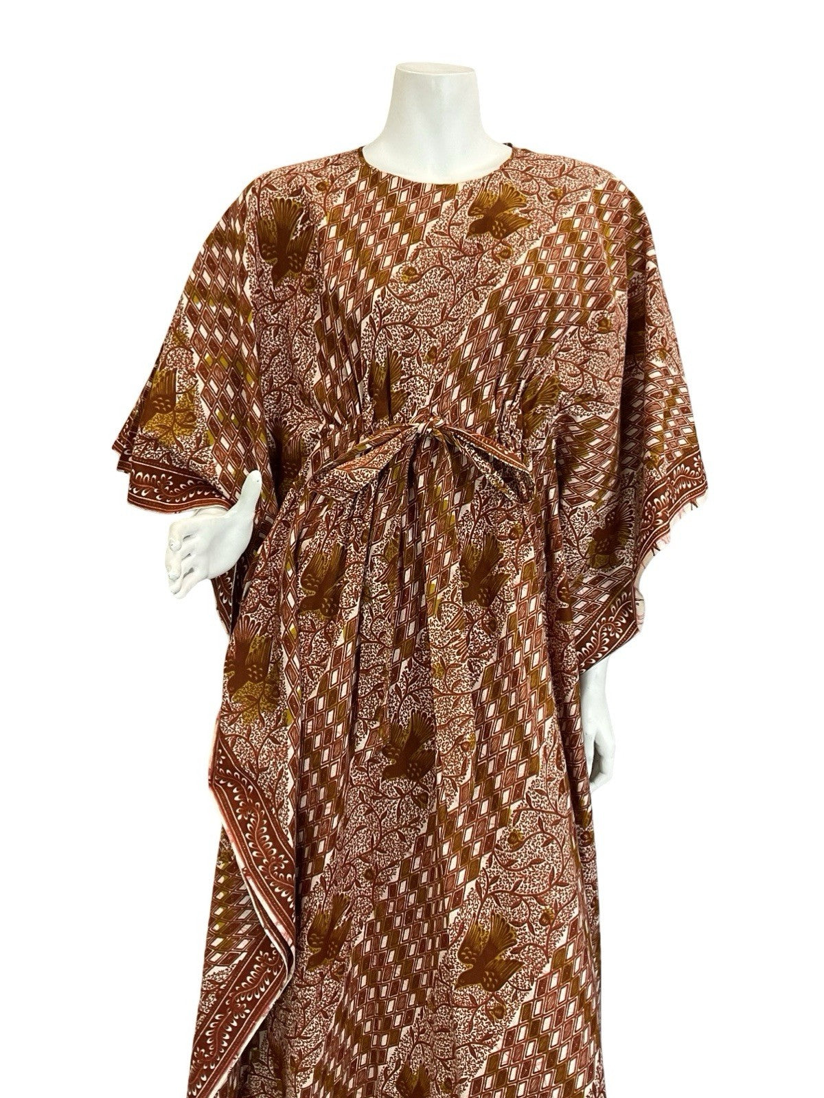 VTG 60S 70S BROWN WHITE TILED BIRD TREE BOHO TIE WAIST KAFTAN DRESS 6 8 10