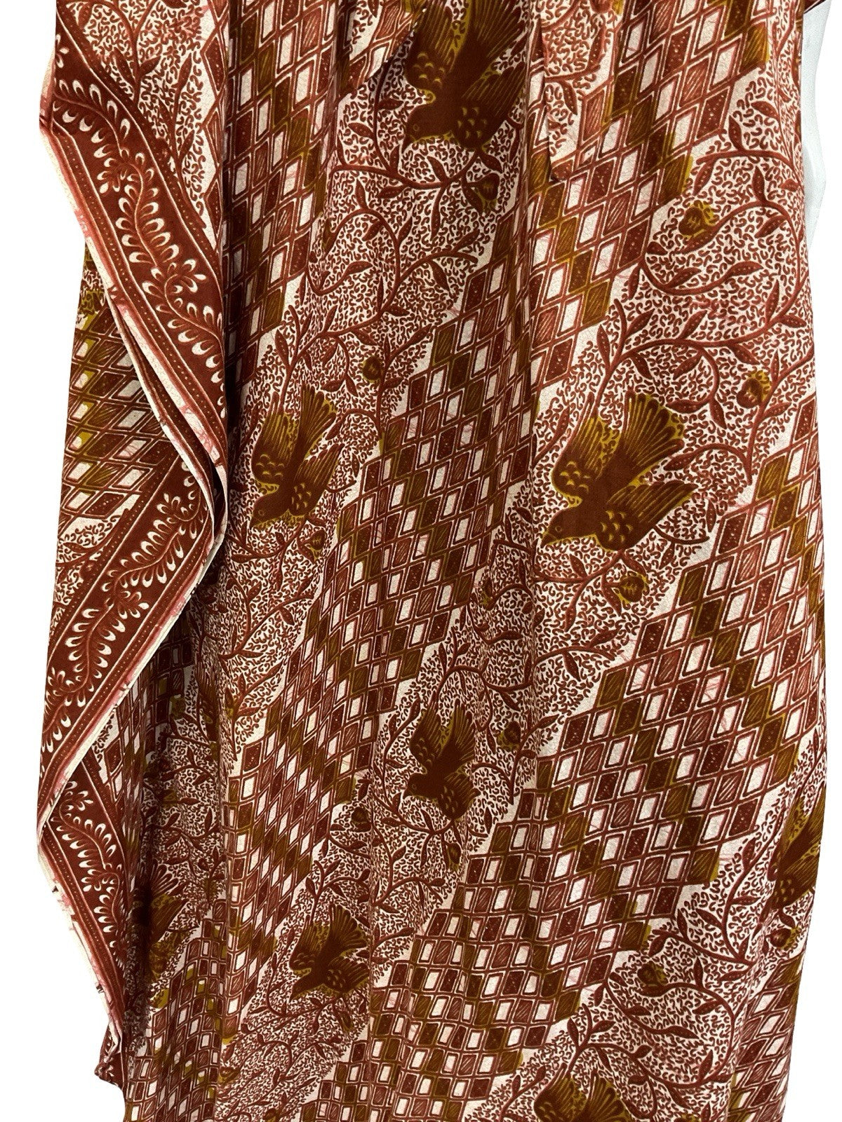 VTG 60S 70S BROWN WHITE TILED BIRD TREE BOHO TIE WAIST KAFTAN DRESS 6 8 10