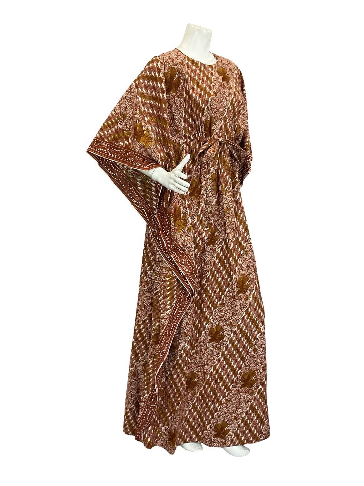 VTG 60S 70S BROWN WHITE TILED BIRD TREE BOHO TIE WAIST KAFTAN DRESS 6 8 10