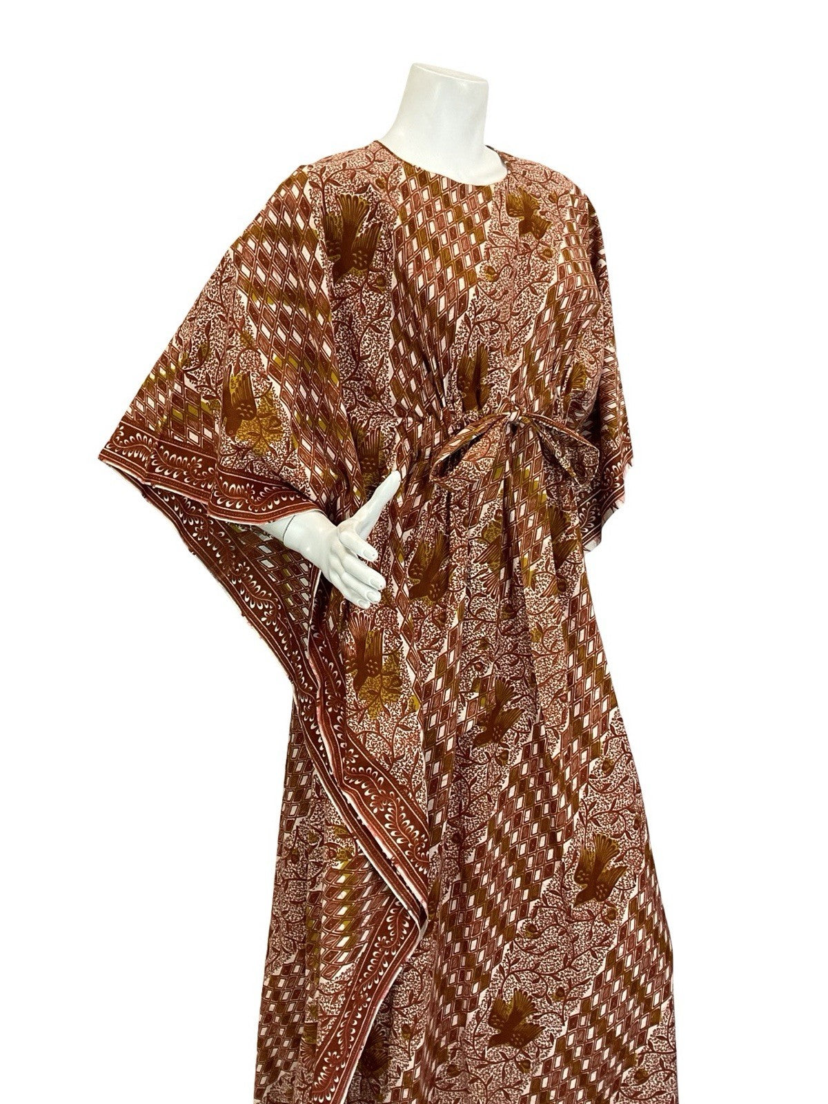 VTG 60S 70S BROWN WHITE TILED BIRD TREE BOHO TIE WAIST KAFTAN DRESS 6 8 10