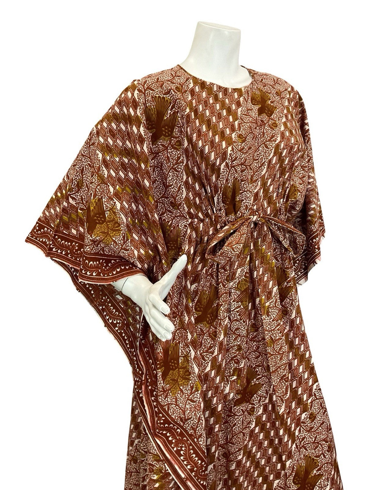 VTG 60S 70S BROWN WHITE TILED BIRD TREE BOHO TIE WAIST KAFTAN DRESS 6 8 10