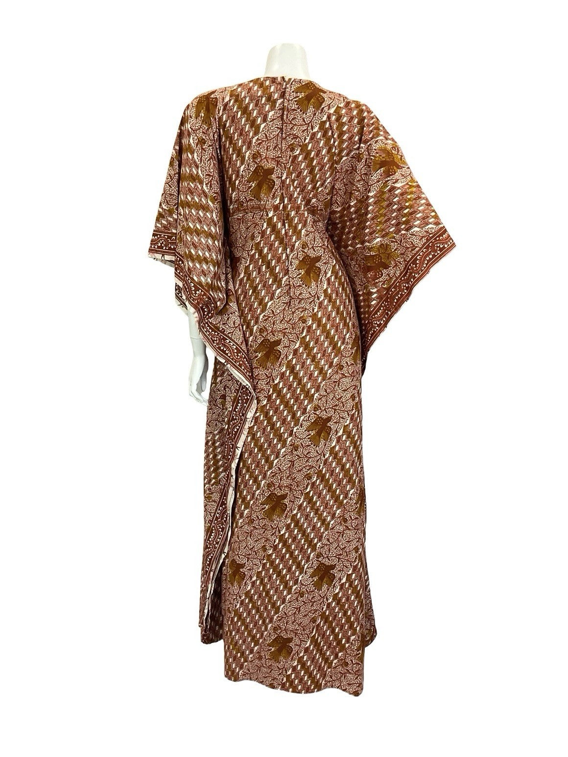 VTG 60S 70S BROWN WHITE TILED BIRD TREE BOHO TIE WAIST KAFTAN DRESS 6 8 10