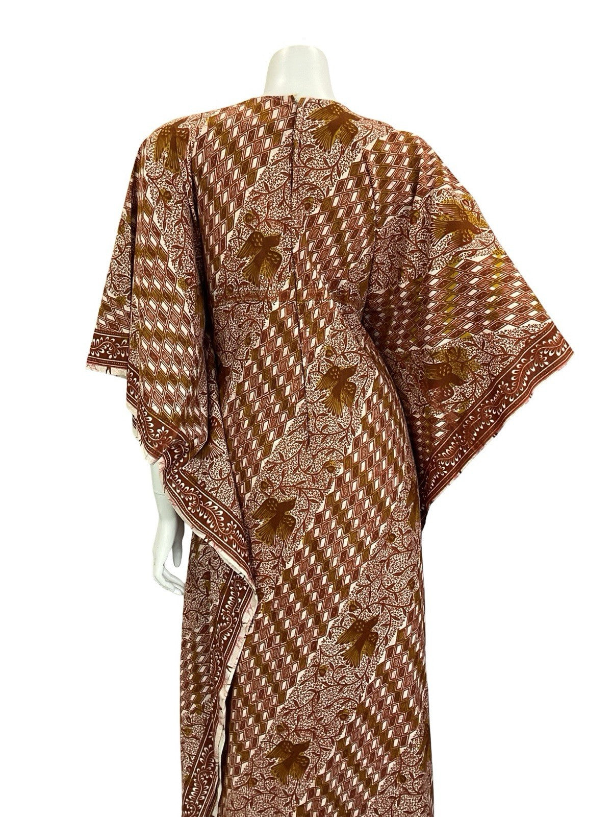 VTG 60S 70S BROWN WHITE TILED BIRD TREE BOHO TIE WAIST KAFTAN DRESS 6 8 10