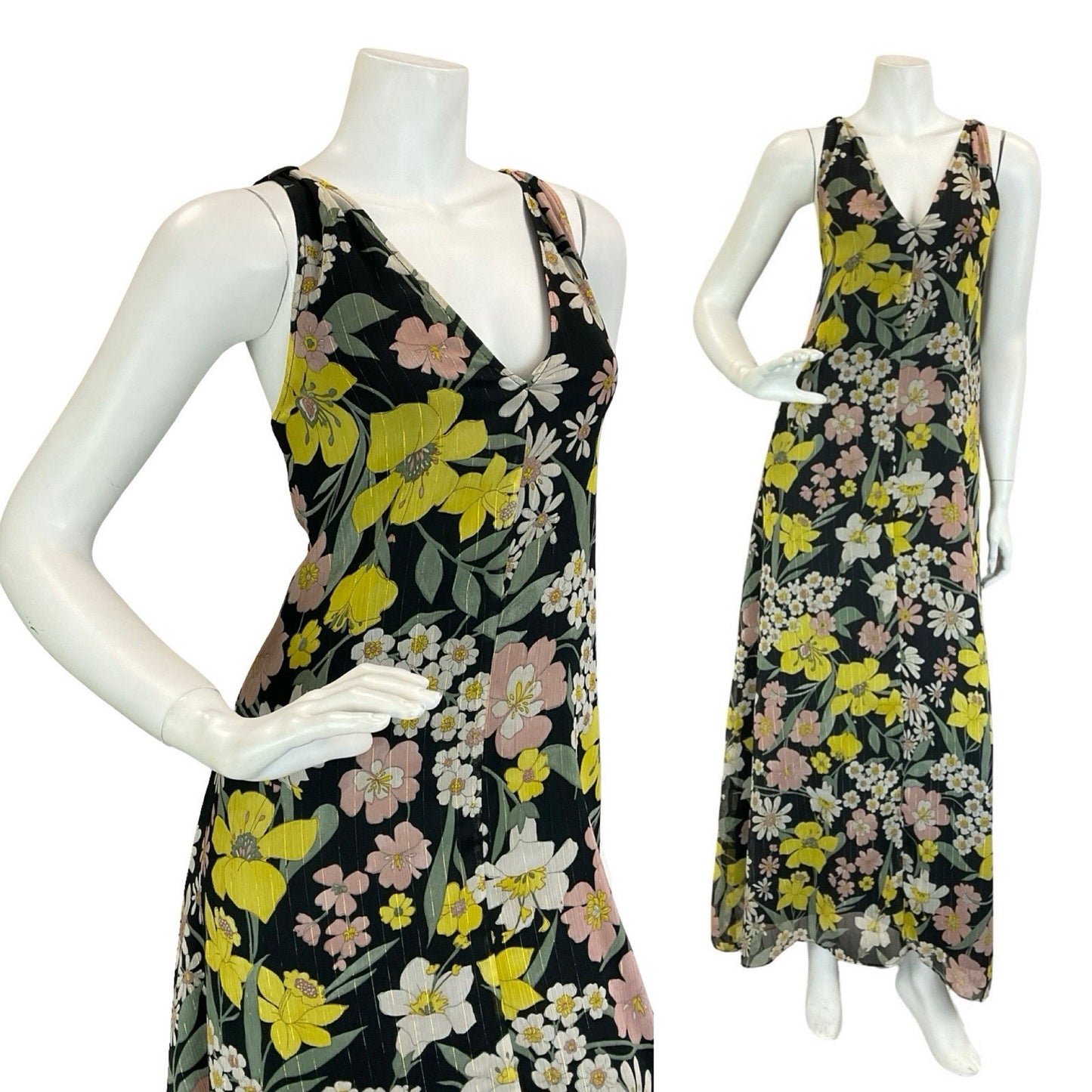 VTG 60S 70S BLACK YELLOW WHITE GREEN PINK FLORAL DAFFODIL DAISY MAXI DRESS 12
