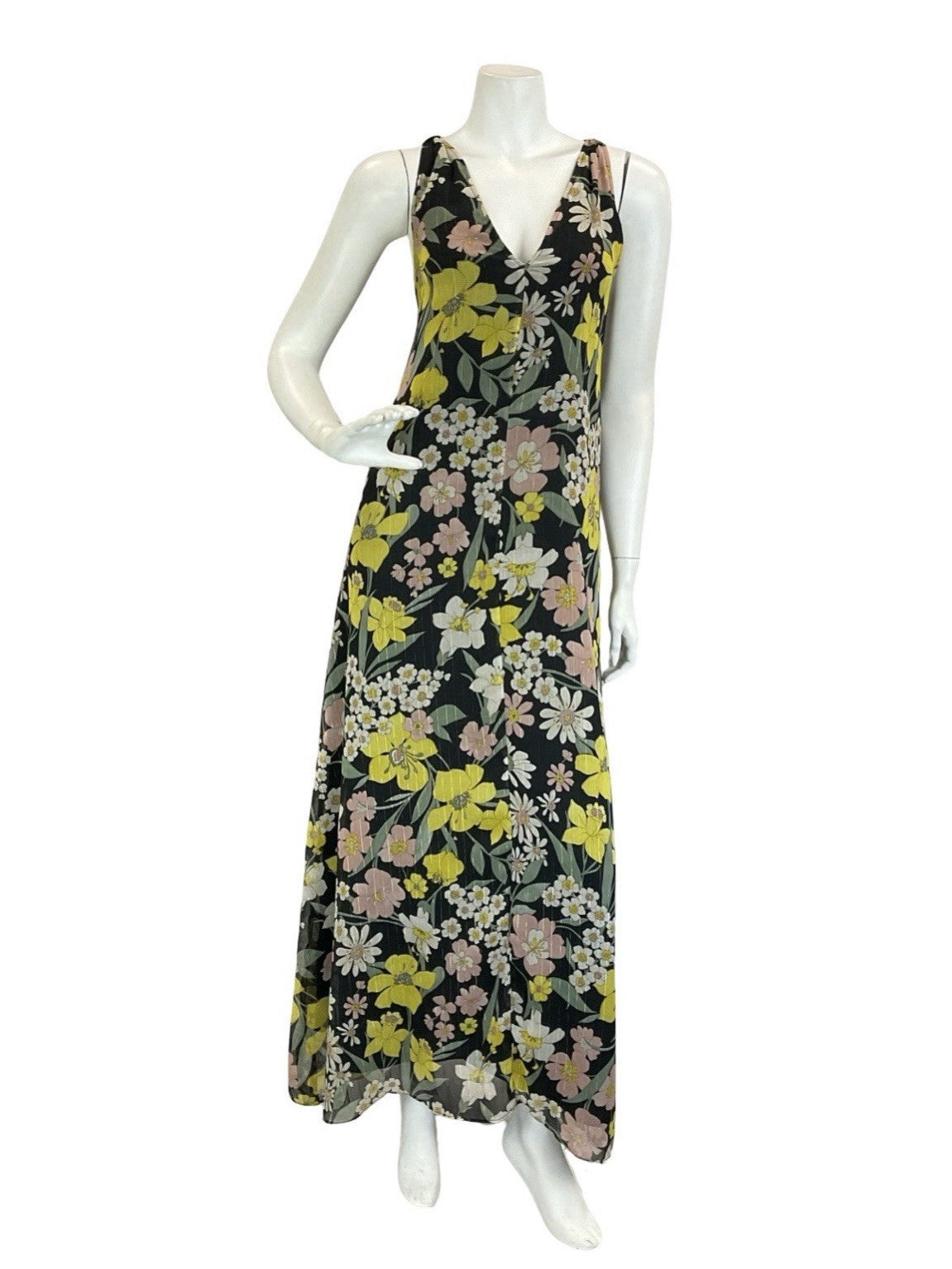 VTG 60S 70S BLACK YELLOW WHITE GREEN PINK FLORAL DAFFODIL DAISY MAXI DRESS 12