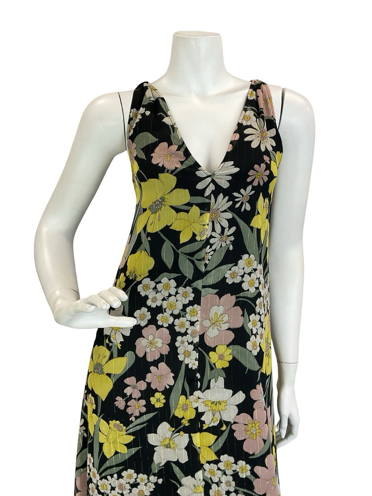 VTG 60S 70S BLACK YELLOW WHITE GREEN PINK FLORAL DAFFODIL DAISY MAXI DRESS 12