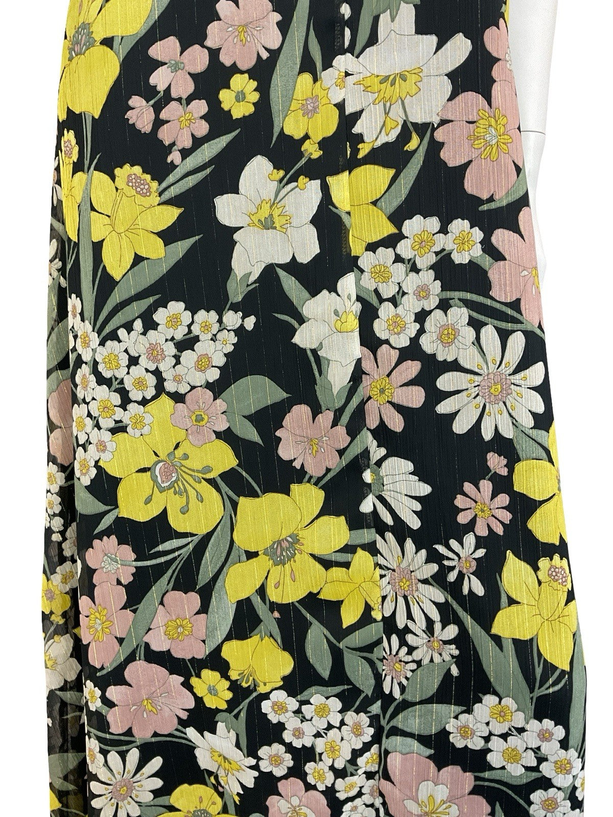 VTG 60S 70S BLACK YELLOW WHITE GREEN PINK FLORAL DAFFODIL DAISY MAXI DRESS 12