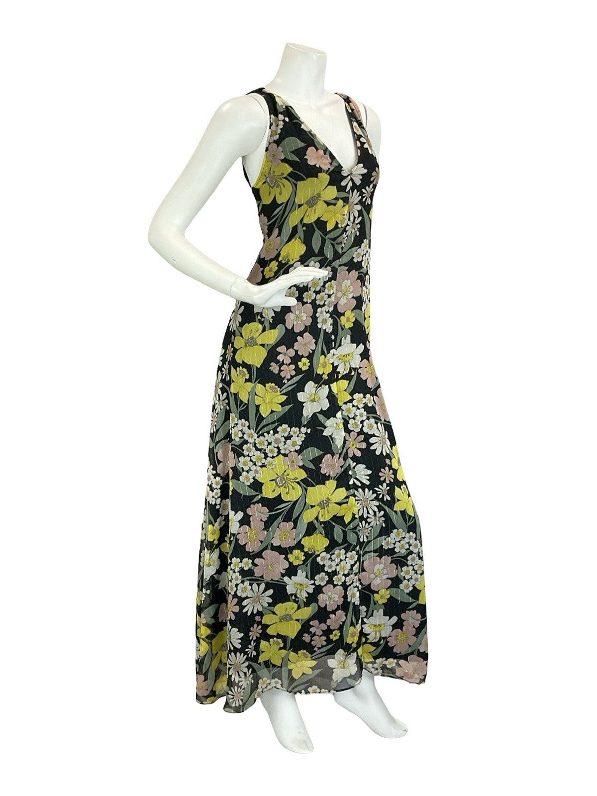 VTG 60S 70S BLACK YELLOW WHITE GREEN PINK FLORAL DAFFODIL DAISY MAXI DRESS 12