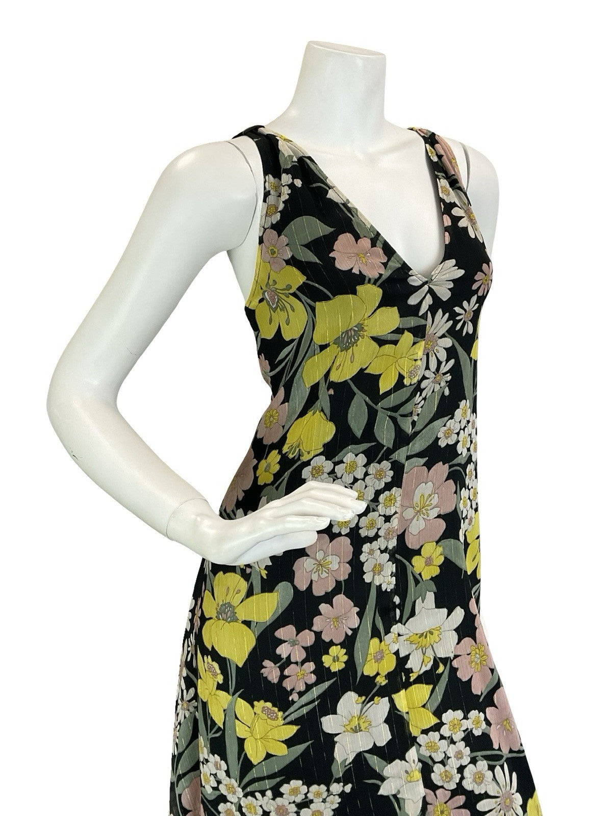 VTG 60S 70S BLACK YELLOW WHITE GREEN PINK FLORAL DAFFODIL DAISY MAXI DRESS 12