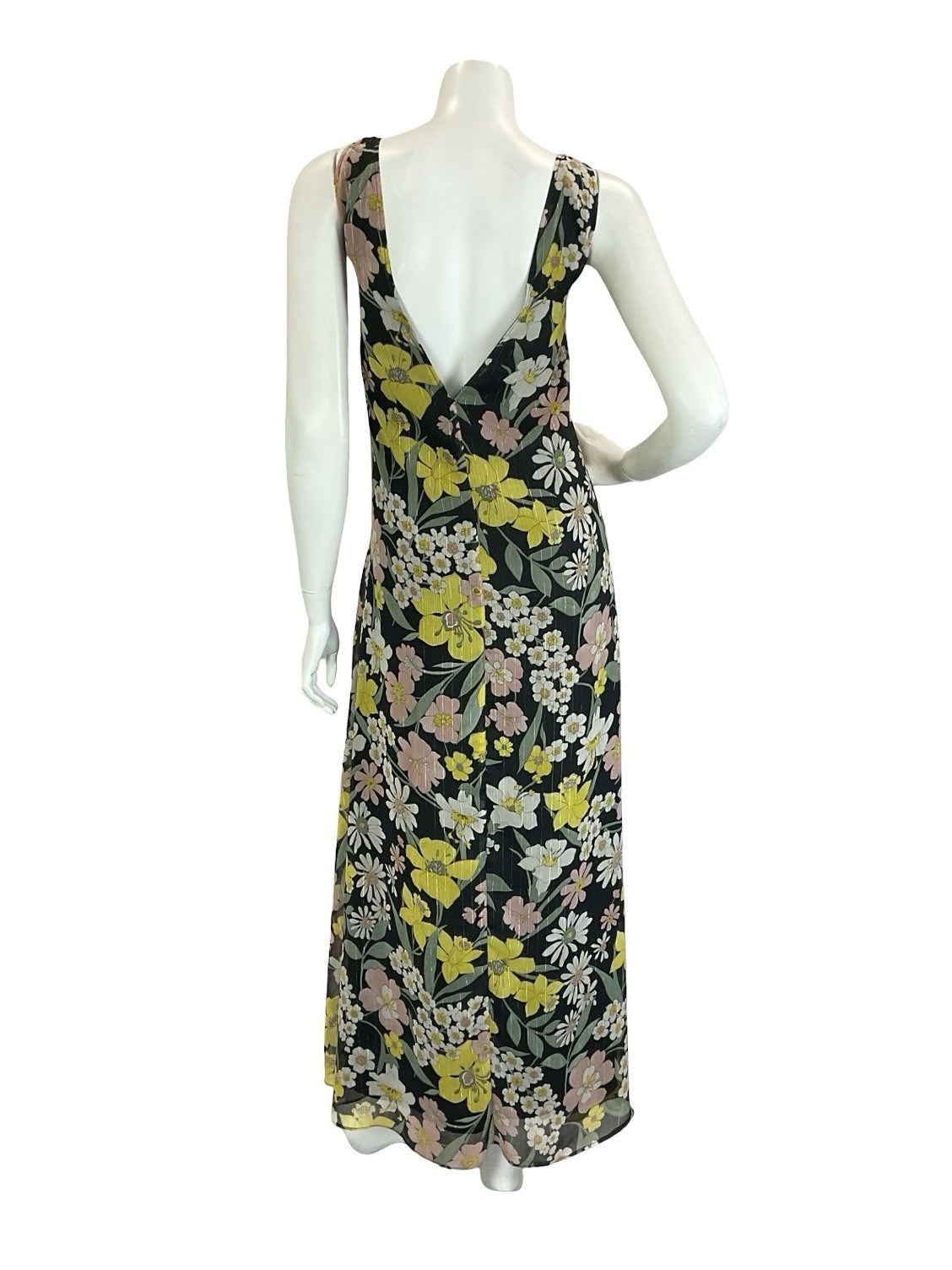 VTG 60S 70S BLACK YELLOW WHITE GREEN PINK FLORAL DAFFODIL DAISY MAXI DRESS 12