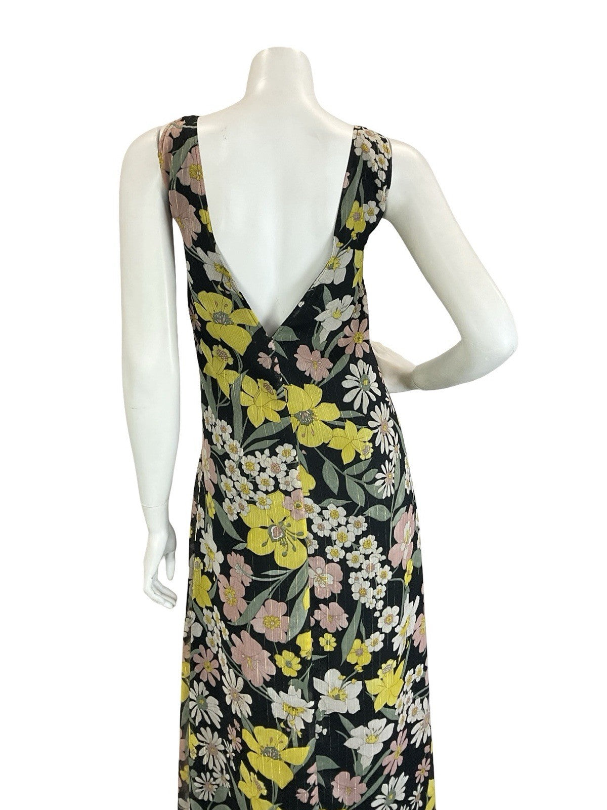 VTG 60S 70S BLACK YELLOW WHITE GREEN PINK FLORAL DAFFODIL DAISY MAXI DRESS 12