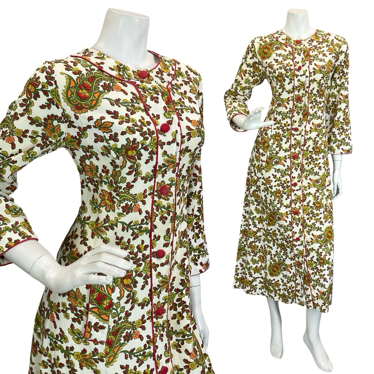 VTG 60S 70S WHITE RED GREEN ORANGE PAISLEY FLORAL PIXEL COTTON MAXI DRESS 10
