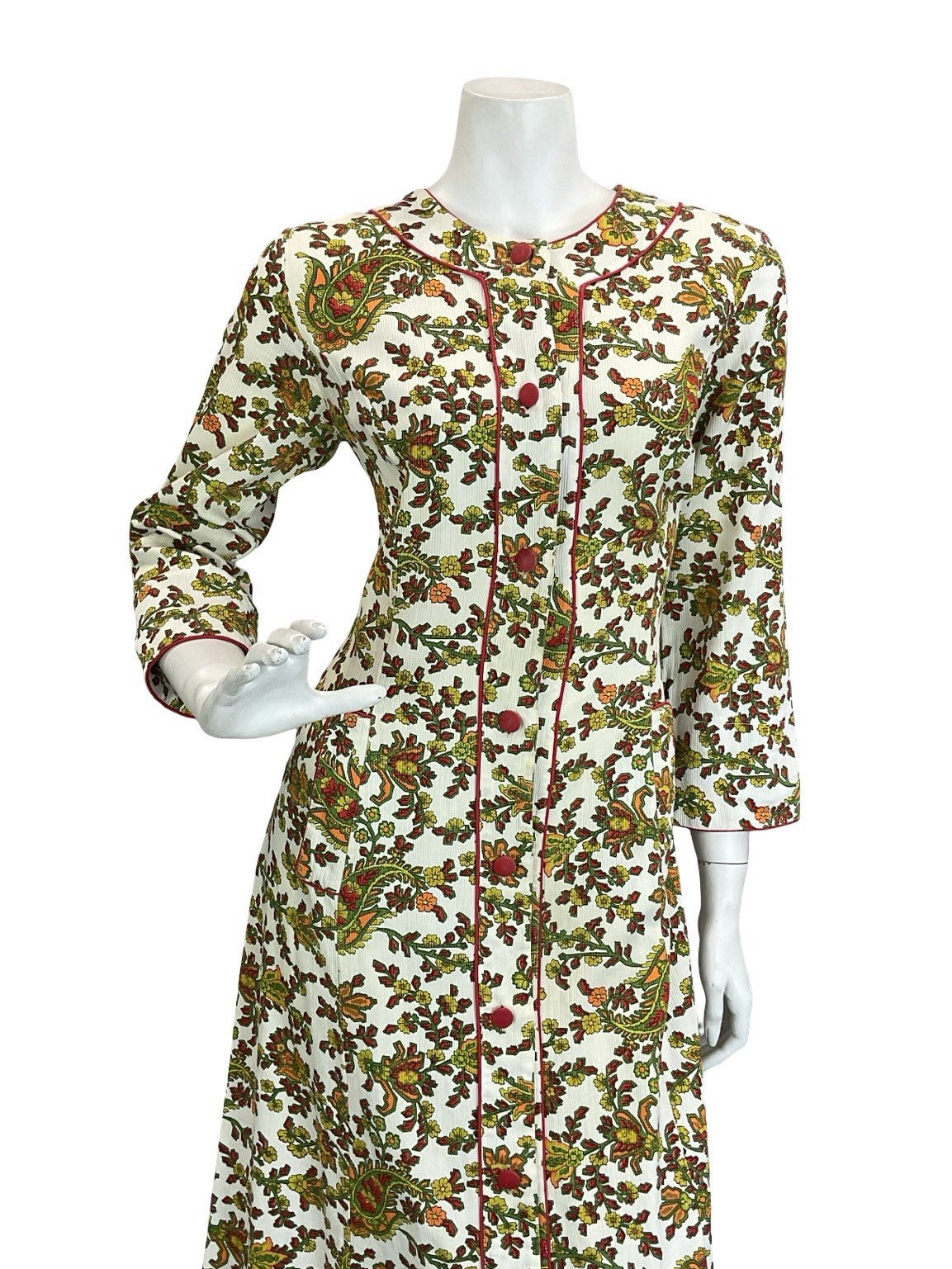 VTG 60S 70S WHITE RED GREEN ORANGE PAISLEY FLORAL PIXEL COTTON MAXI DRESS 10