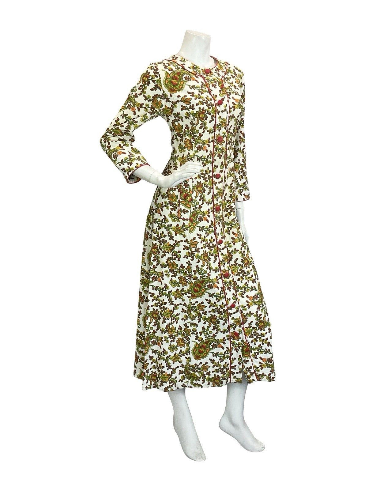 VTG 60S 70S WHITE RED GREEN ORANGE PAISLEY FLORAL PIXEL COTTON MAXI DRESS 10
