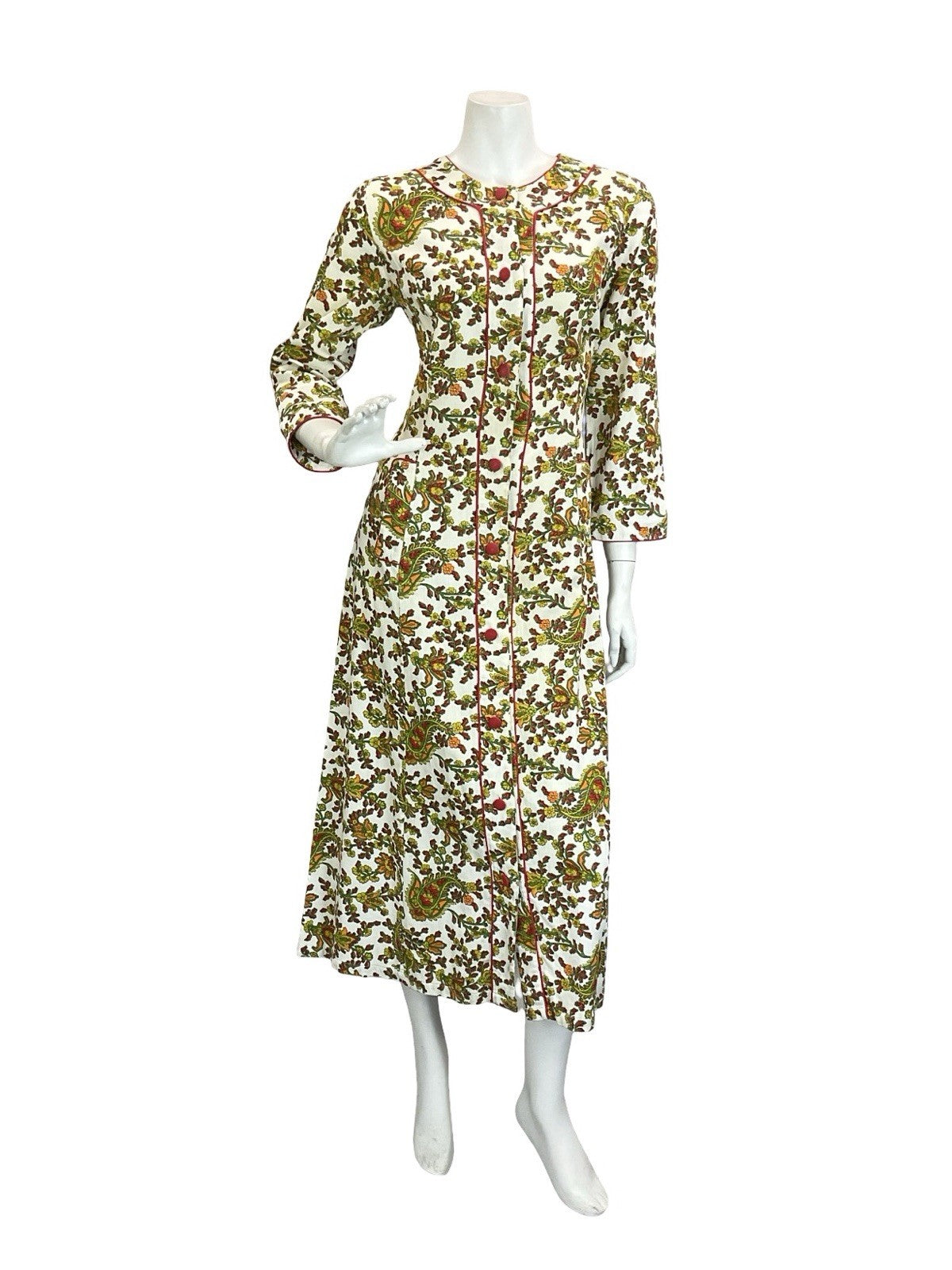 VTG 60S 70S WHITE RED GREEN ORANGE PAISLEY FLORAL PIXEL COTTON MAXI DRESS 10