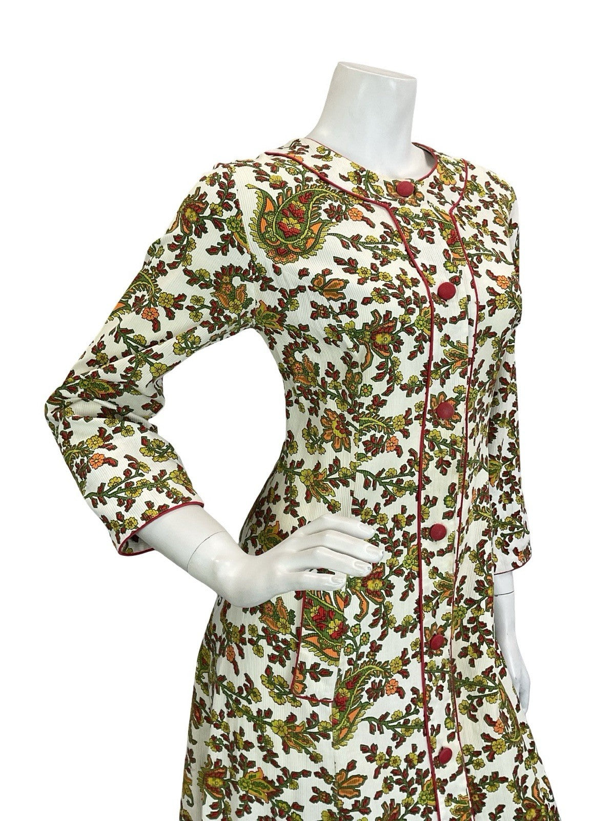 VTG 60S 70S WHITE RED GREEN ORANGE PAISLEY FLORAL PIXEL COTTON MAXI DRESS 10