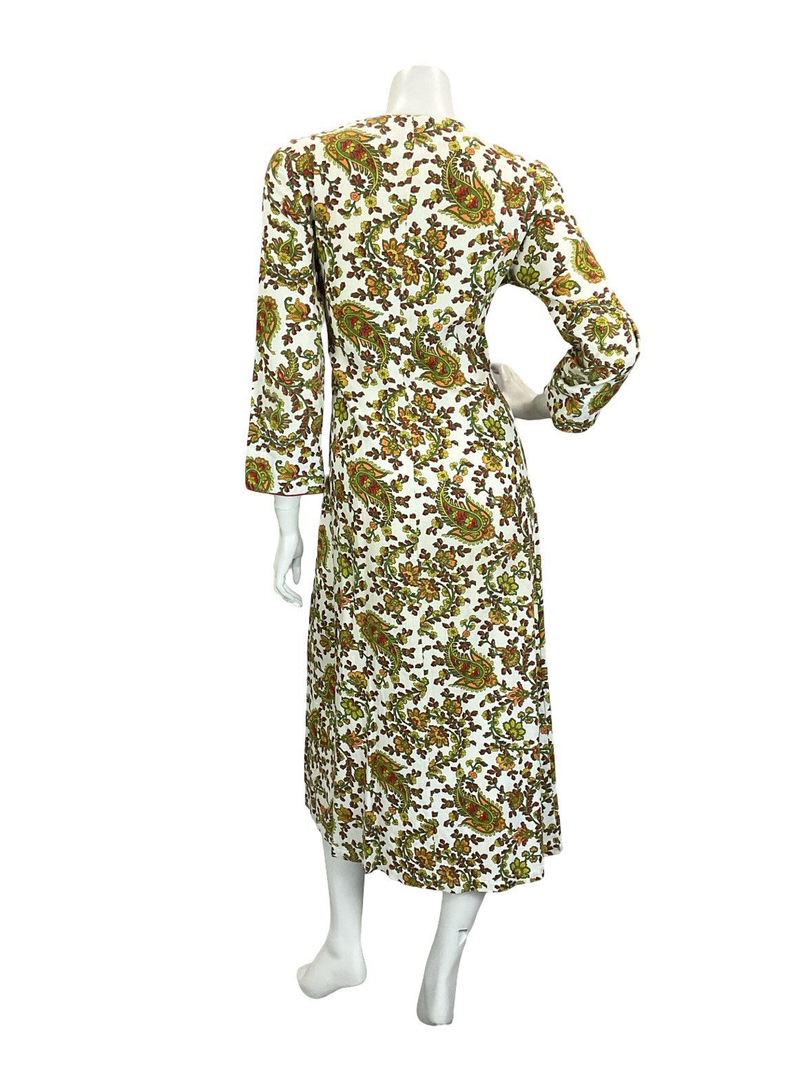VTG 60S 70S WHITE RED GREEN ORANGE PAISLEY FLORAL PIXEL COTTON MAXI DRESS 10