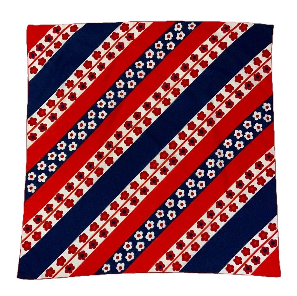 VTG 60S 70S GEOMETRIC MOD RED WHITE NAVY BLUE DAISY FLORAL STRIPE SCARF