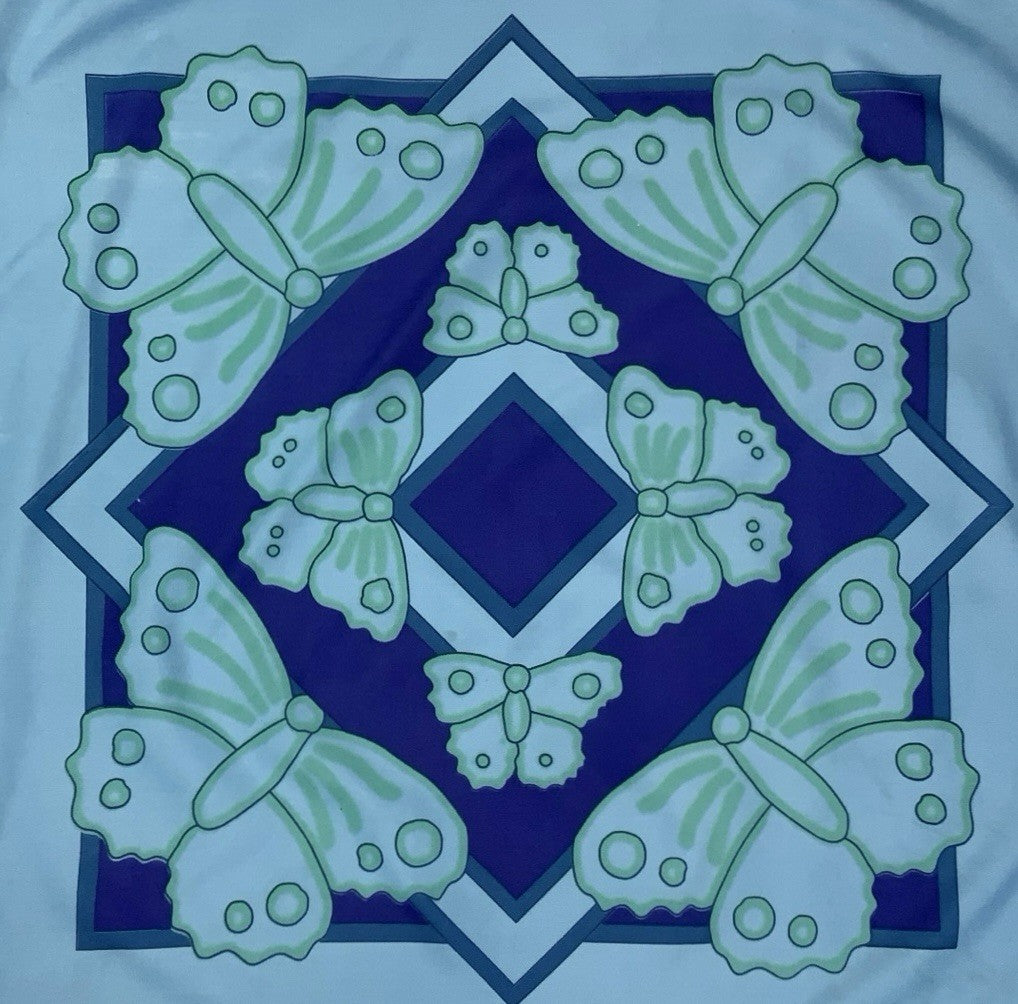 VTG 60S 70S BLUE GREEN NAVY GEOMETRIC MOD BUTTERFLY SCARF
