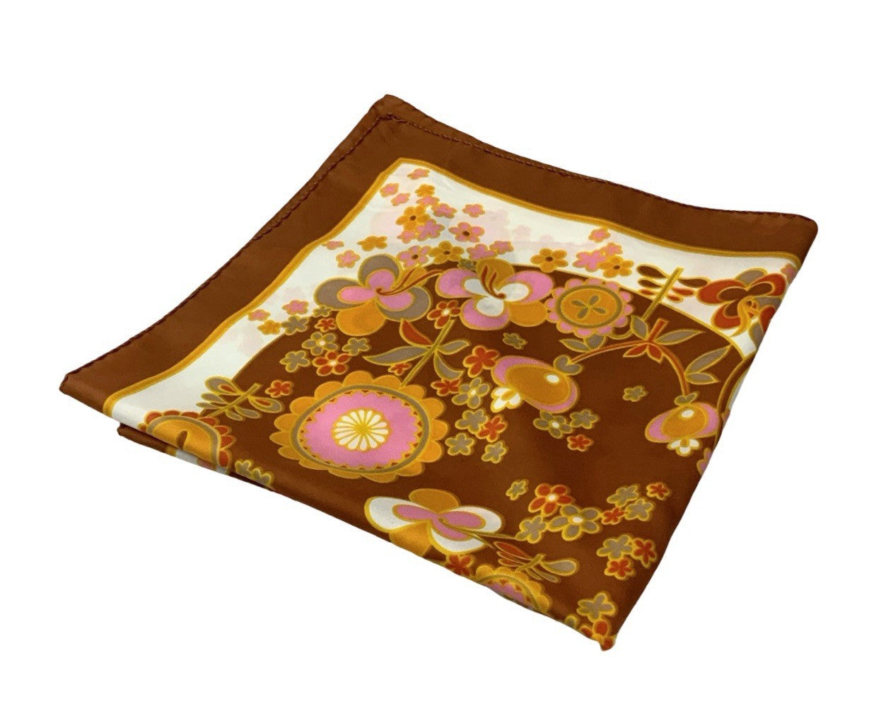 VTG 60S 70S BROWN PINK ORANGE WHITE PSYCHEDELIC FLORAL CIRCLE SCARF