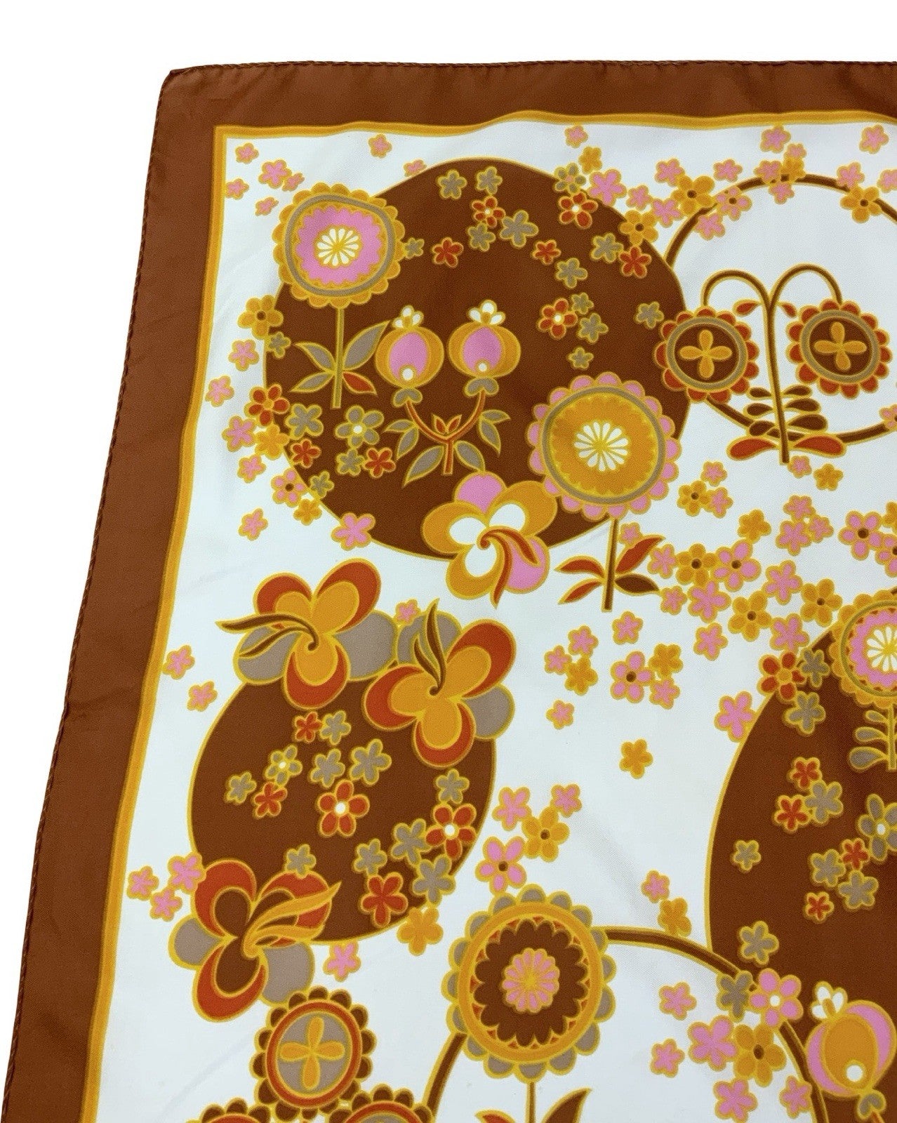 VTG 60S 70S BROWN PINK ORANGE WHITE PSYCHEDELIC FLORAL CIRCLE SCARF