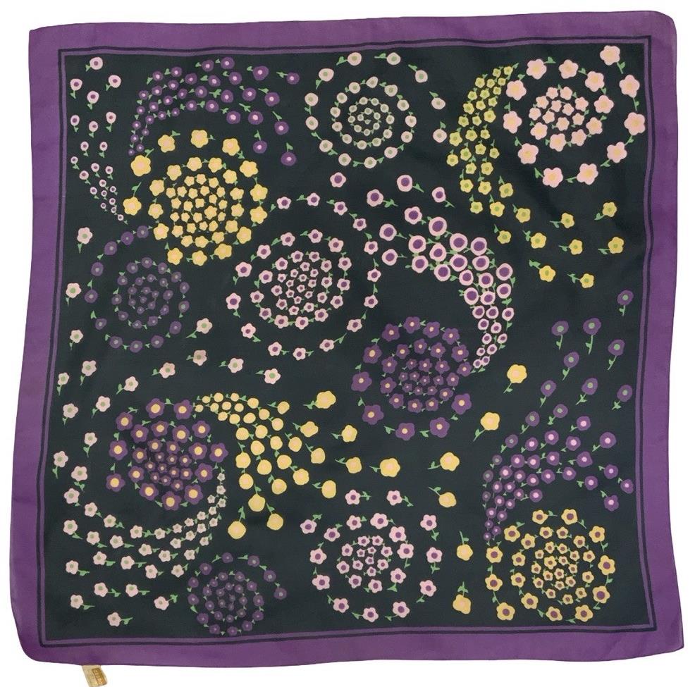 VTG 60S 70S BLACK PURPLE PINK YELLOW GREEN SPIRAL PSYCHEDELIC FLORAL SCARF