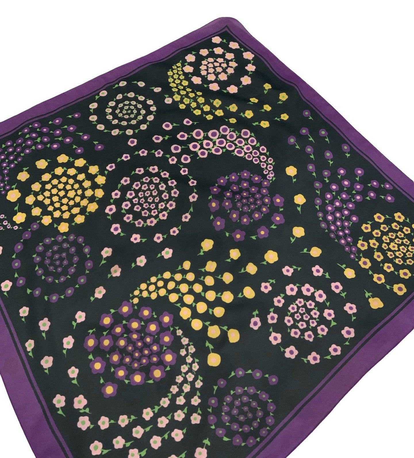 VTG 60S 70S BLACK PURPLE PINK YELLOW GREEN SPIRAL PSYCHEDELIC FLORAL SCARF