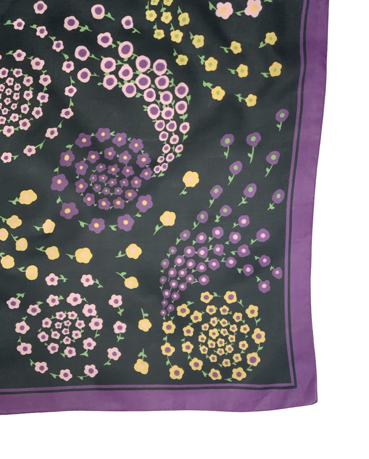 VTG 60S 70S BLACK PURPLE PINK YELLOW GREEN SPIRAL PSYCHEDELIC FLORAL SCARF