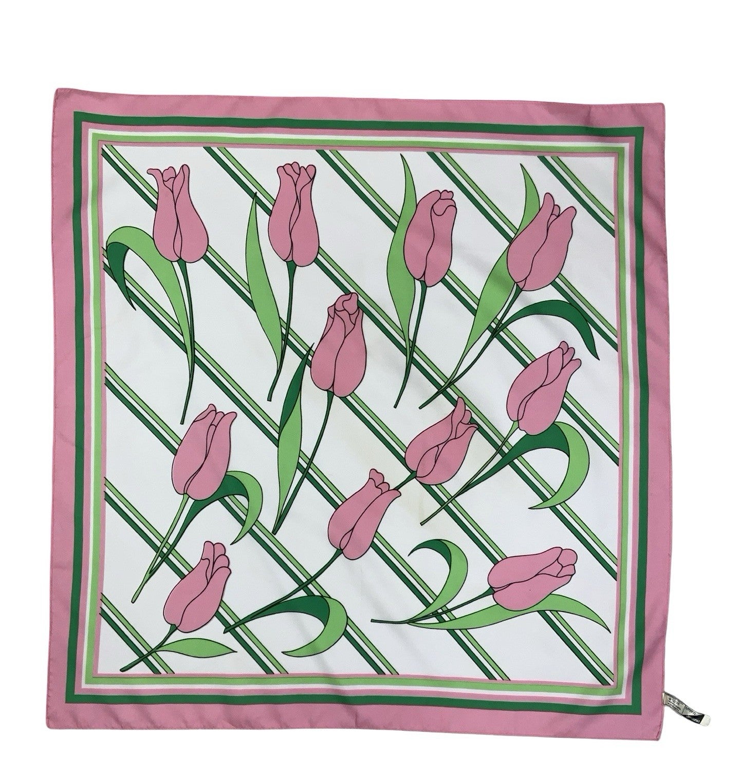 VTG 60S 70S PINK GREEN WHITE STRIPED TULIP FLORAL FLOWER ROSE SCARF