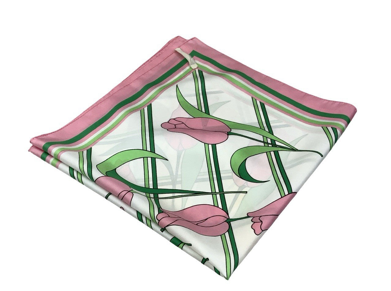 VTG 60S 70S PINK GREEN WHITE STRIPED TULIP FLORAL FLOWER ROSE SCARF