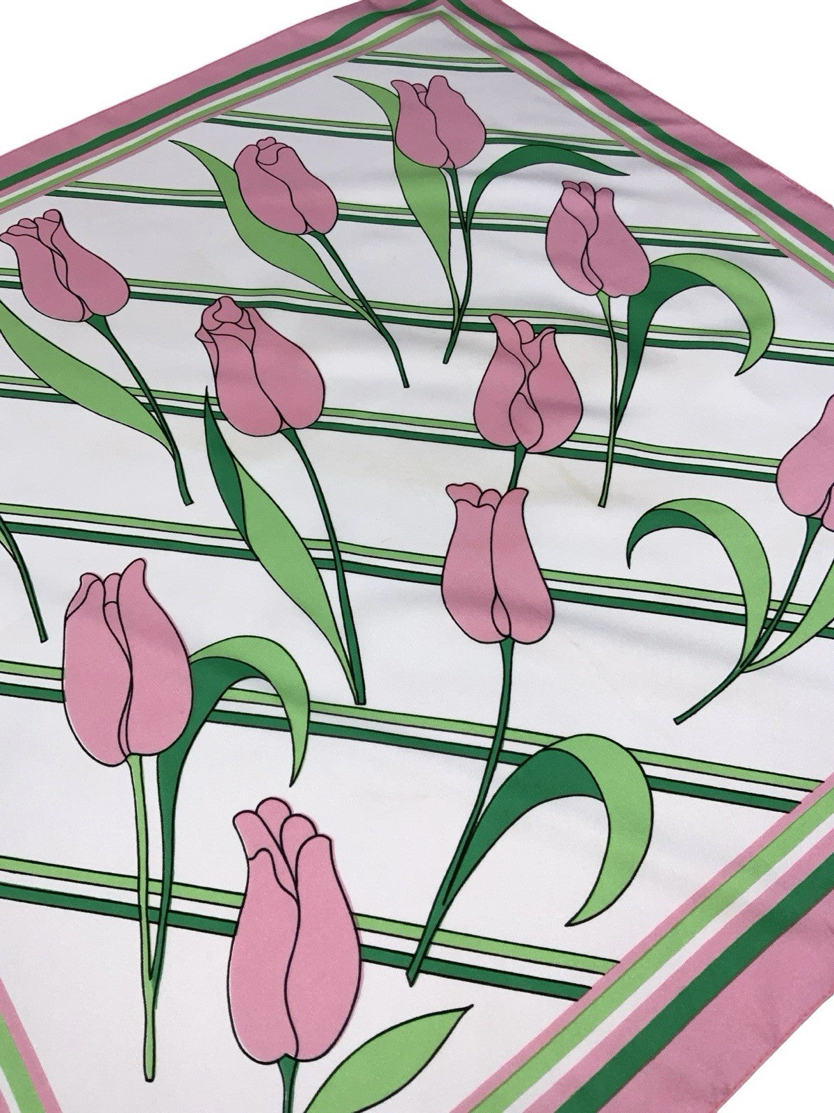 VTG 60S 70S PINK GREEN WHITE STRIPED TULIP FLORAL FLOWER ROSE SCARF