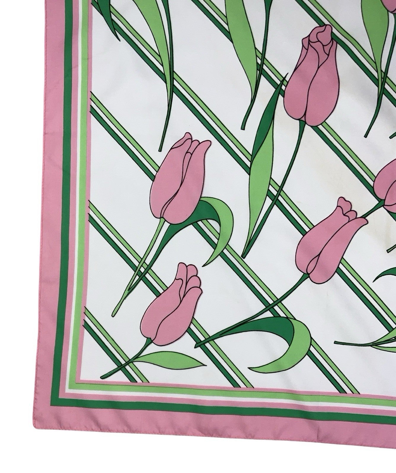 VTG 60S 70S PINK GREEN WHITE STRIPED TULIP FLORAL FLOWER ROSE SCARF