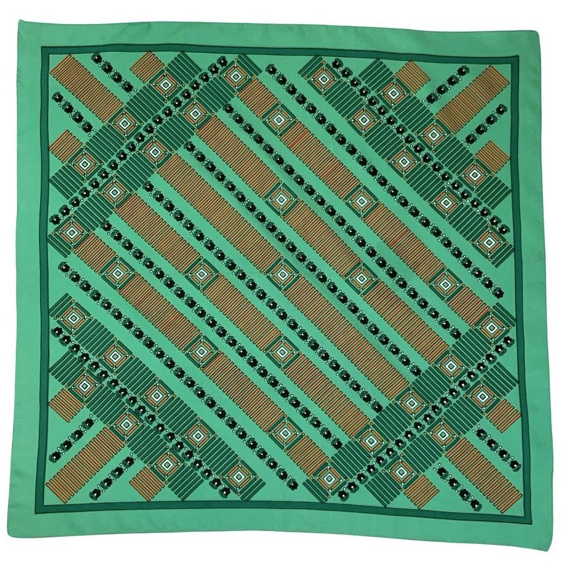 VTG 60S 70S GREEN ORANGE BLACK GEOMETRIC MOD STRIPED FLORAL SCARF