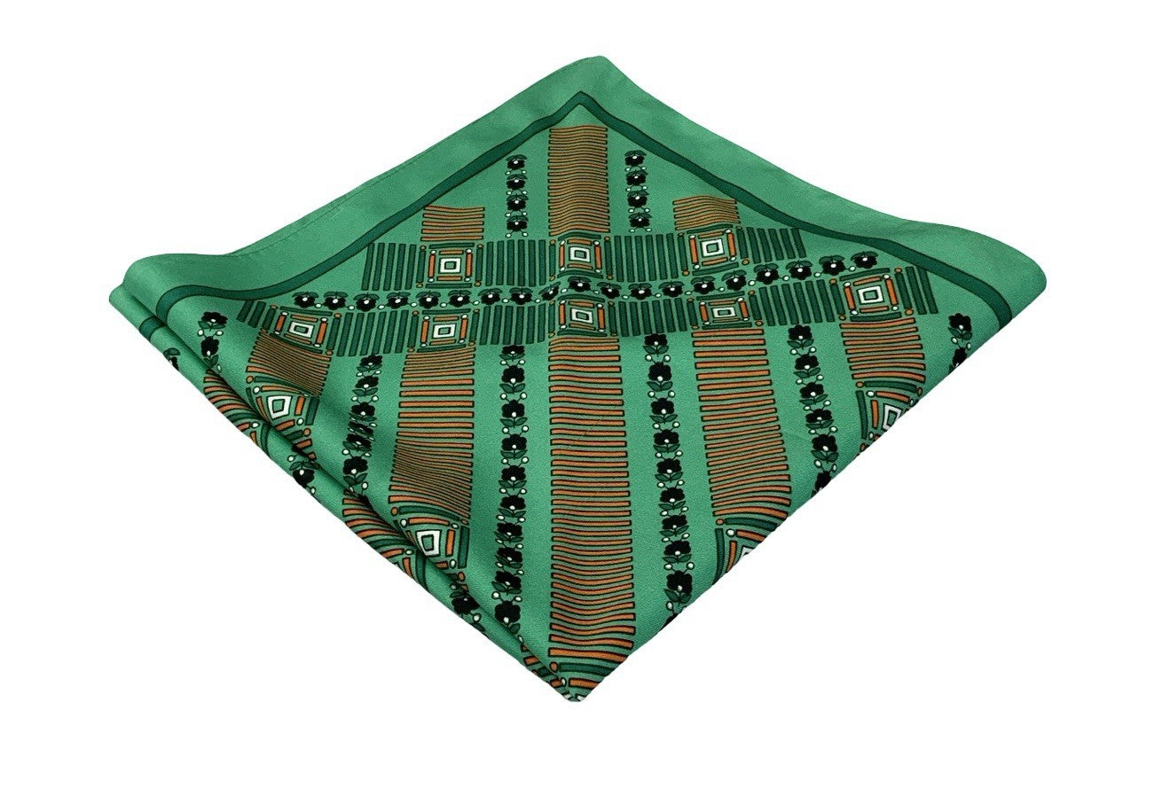 VTG 60S 70S GREEN ORANGE BLACK GEOMETRIC MOD STRIPED FLORAL SCARF
