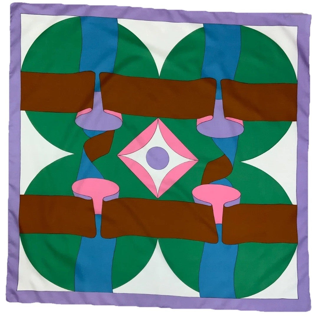 VTG 60S 70S PURPLE GREEN WHITE BLUE PINK BROWN MOD GEOMETRIC SCARF