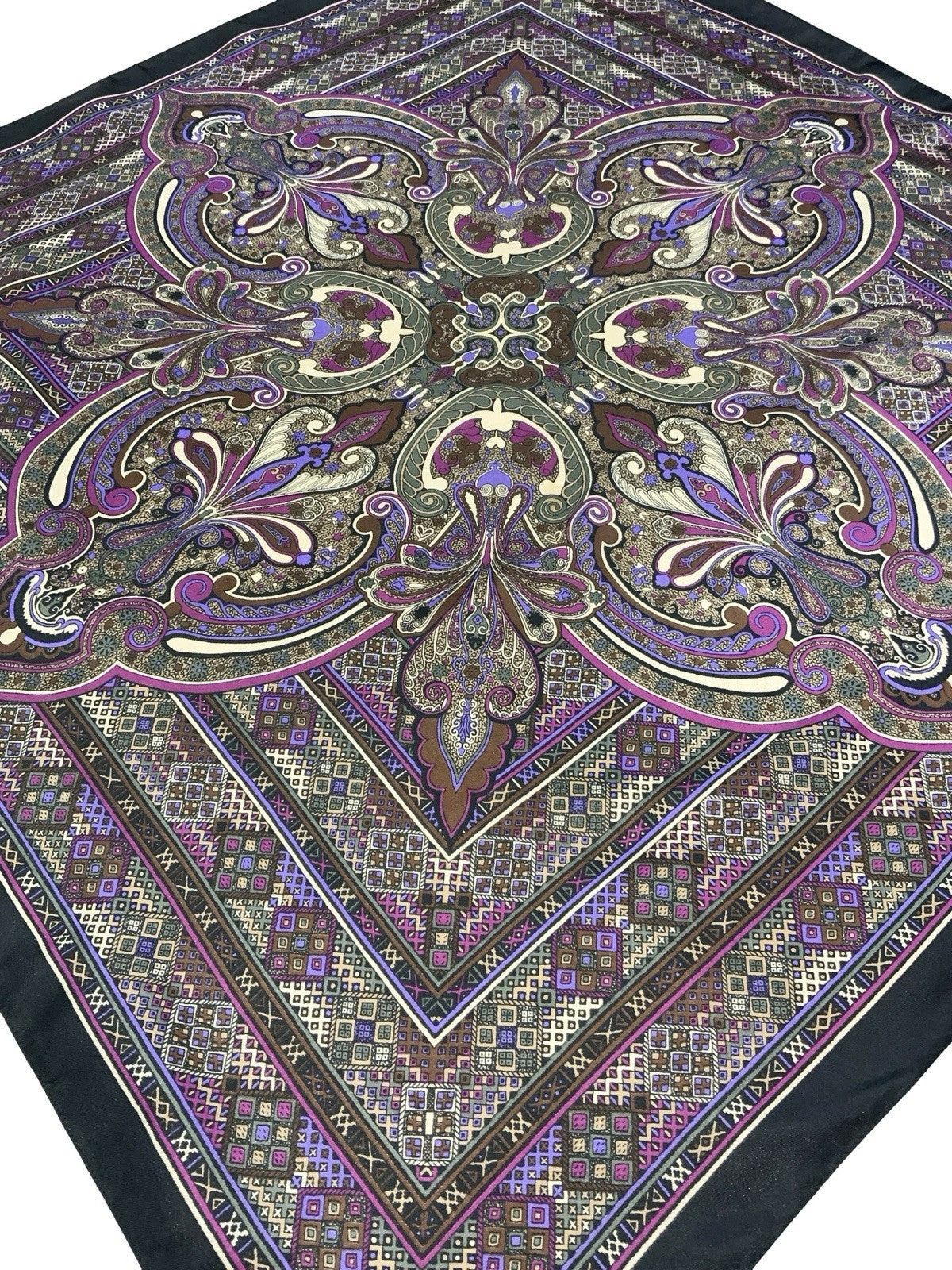 VTG 60S 70S PURPLE BROWN BLACK PSYCHEDELIC MANDALA GEOMETRIC SCARF