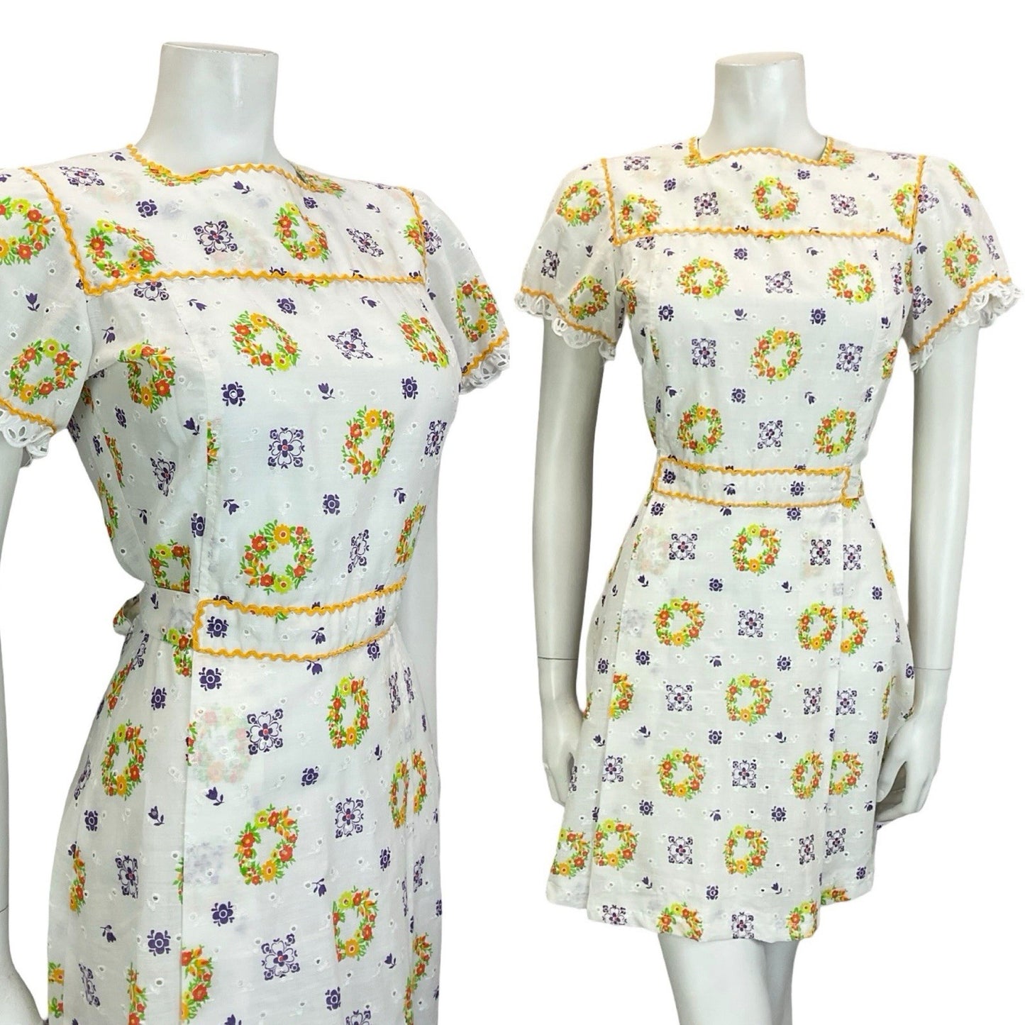 VTG 60S 70S WHITE YELLOW GREEN PURPLE ANGLAISE PUFF SLEEVE RIC RAC MINI DRESS 8